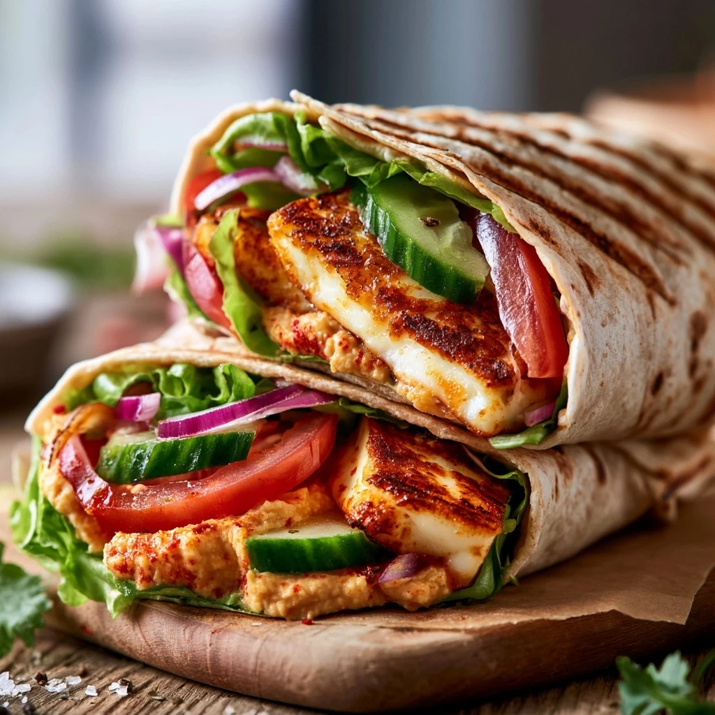 Halloumi-Wrap mit Hummus und frischem Gemüse