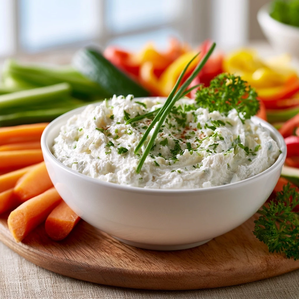 Herzhafter Cottage Cheese Dip mit Kräutern und Gemüse-Sticks