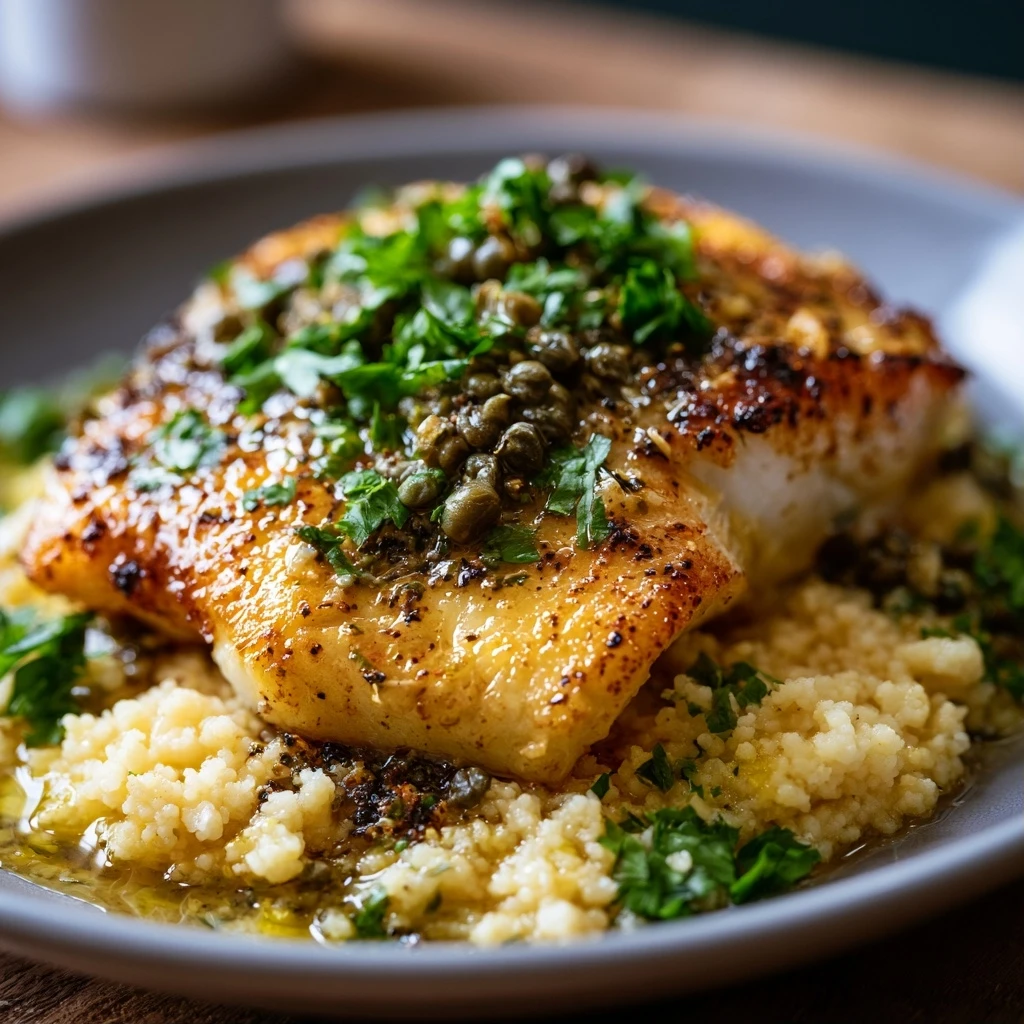 Kabeljaufilet mit Zitronen-Kapern-Sauce und Couscous