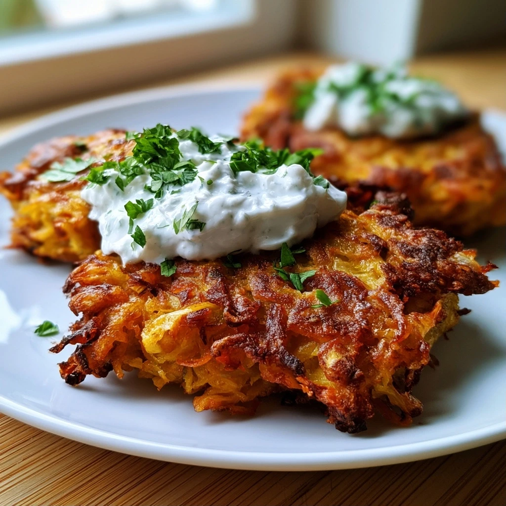 Knusprige Kohl-Möhren-Puffer "Cabbage Crush" mit Kräuterquark