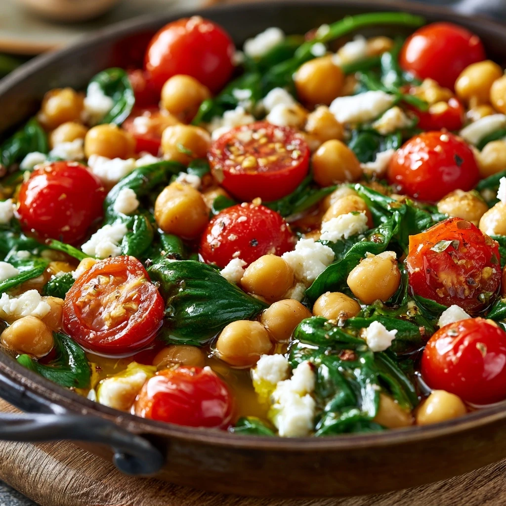 Mediterrane Kichererbsen-Spinat-Pfanne mit Feta