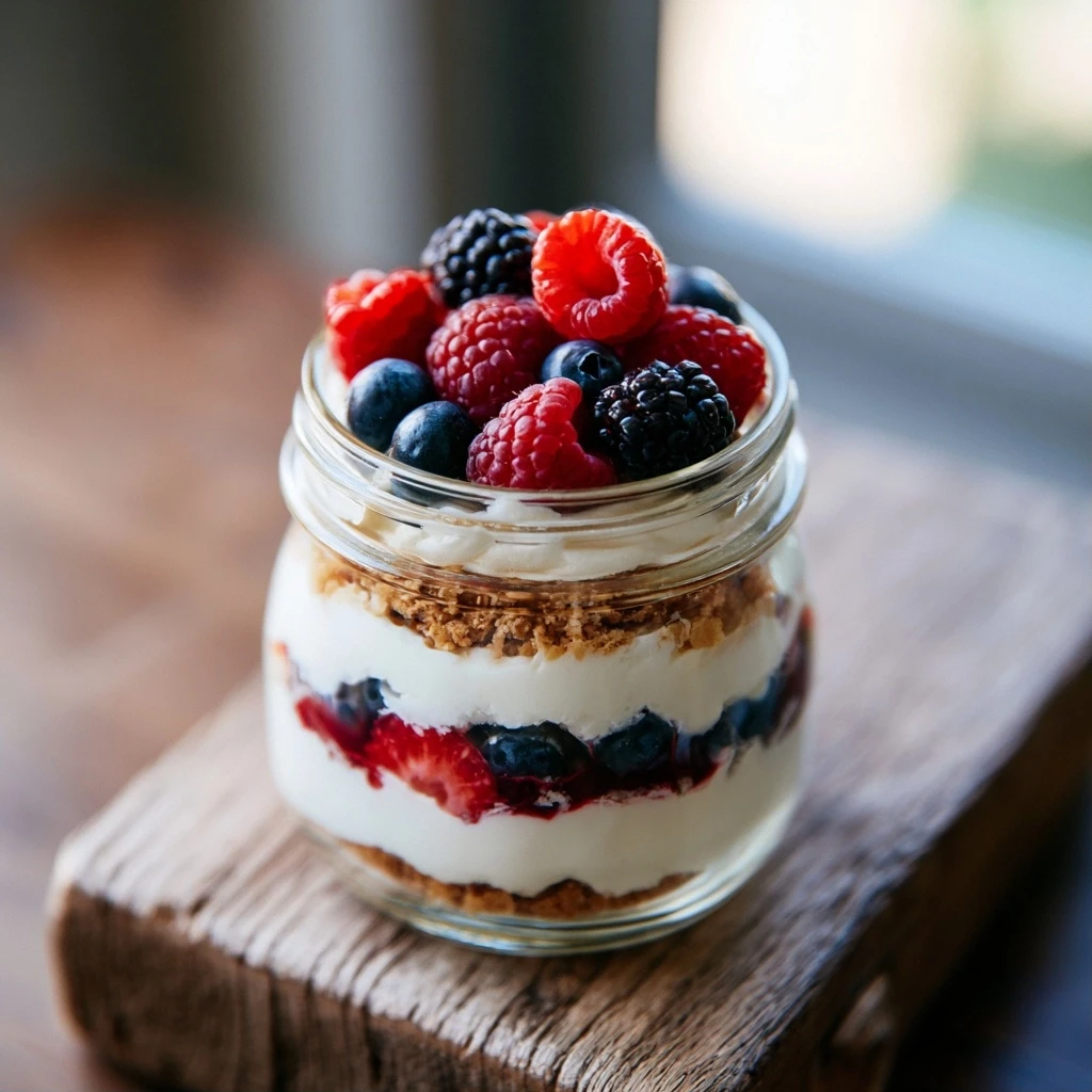 No-Bake Cottage Cheese Cheesecake im Glas mit Beeren