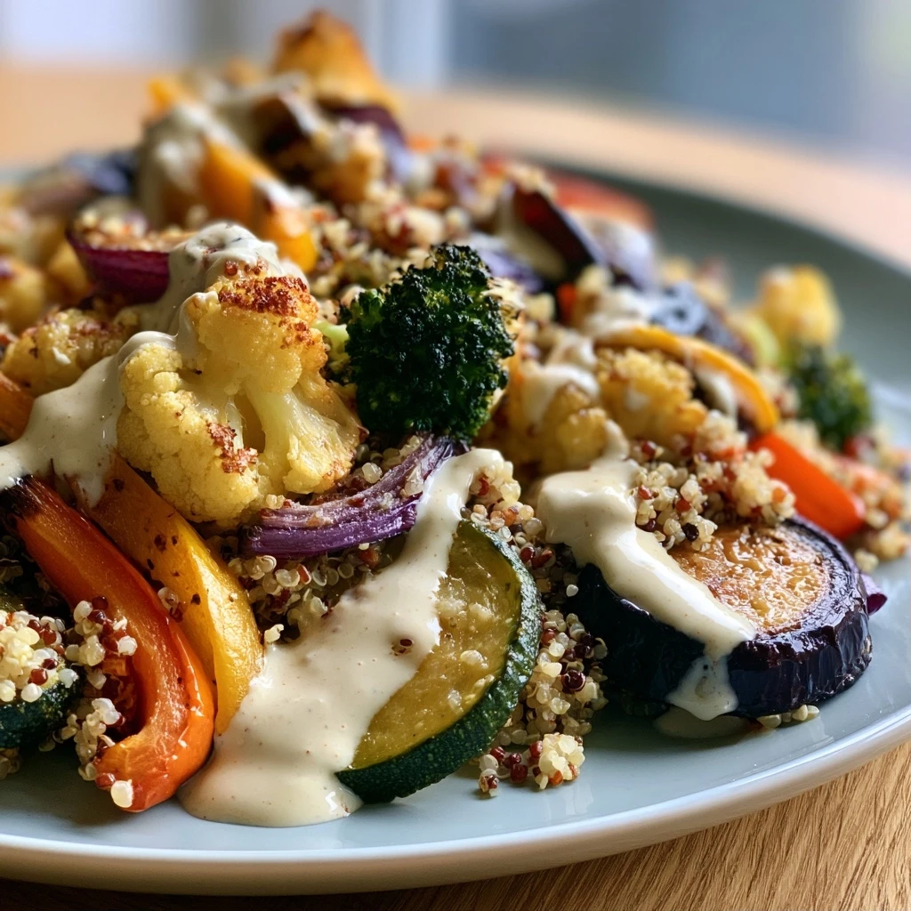 Quinoa-Salat mit geröstetem Gemüse und Tahini-Dressing