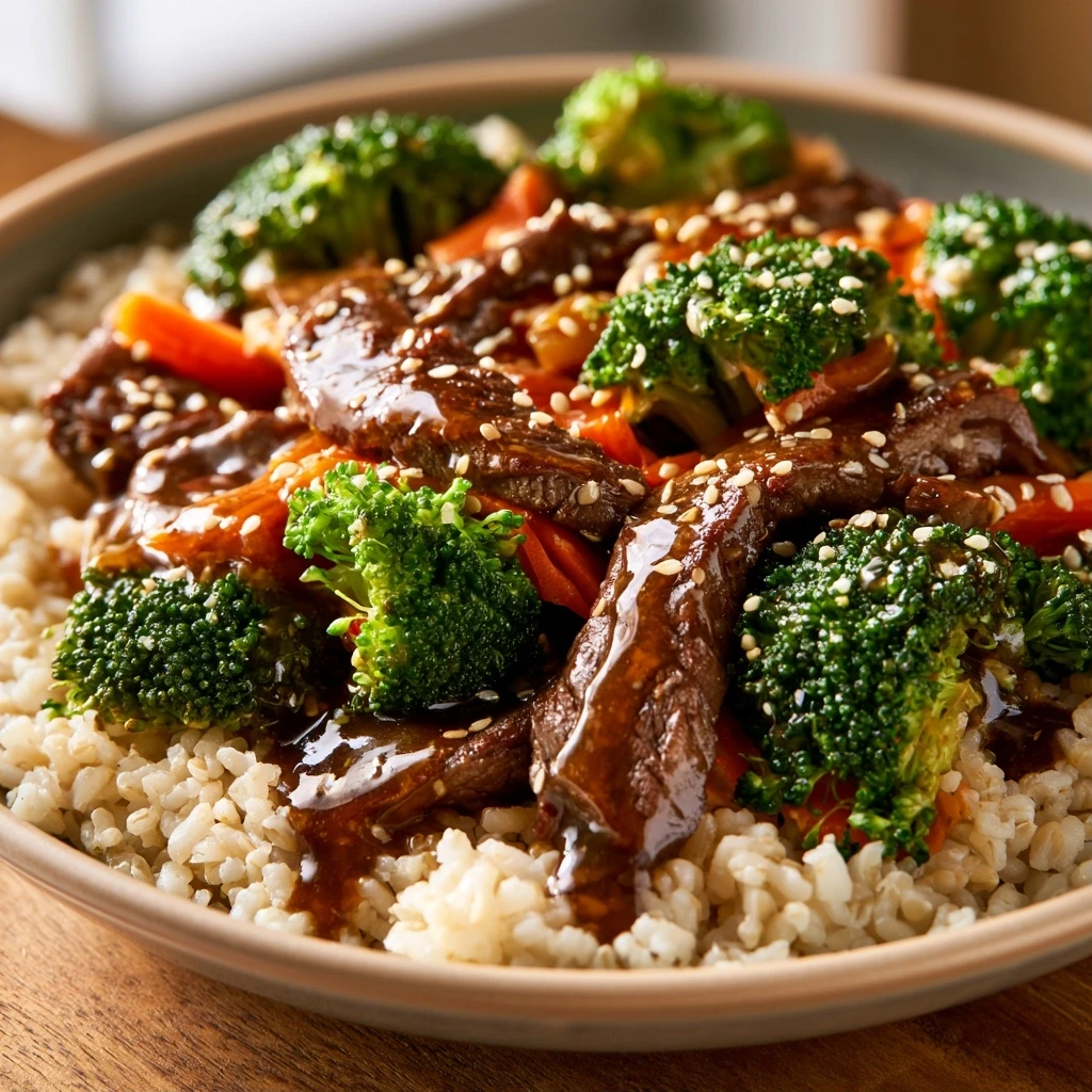 Rindfleisch-Brokkoli Bowl mit braunem Reis
