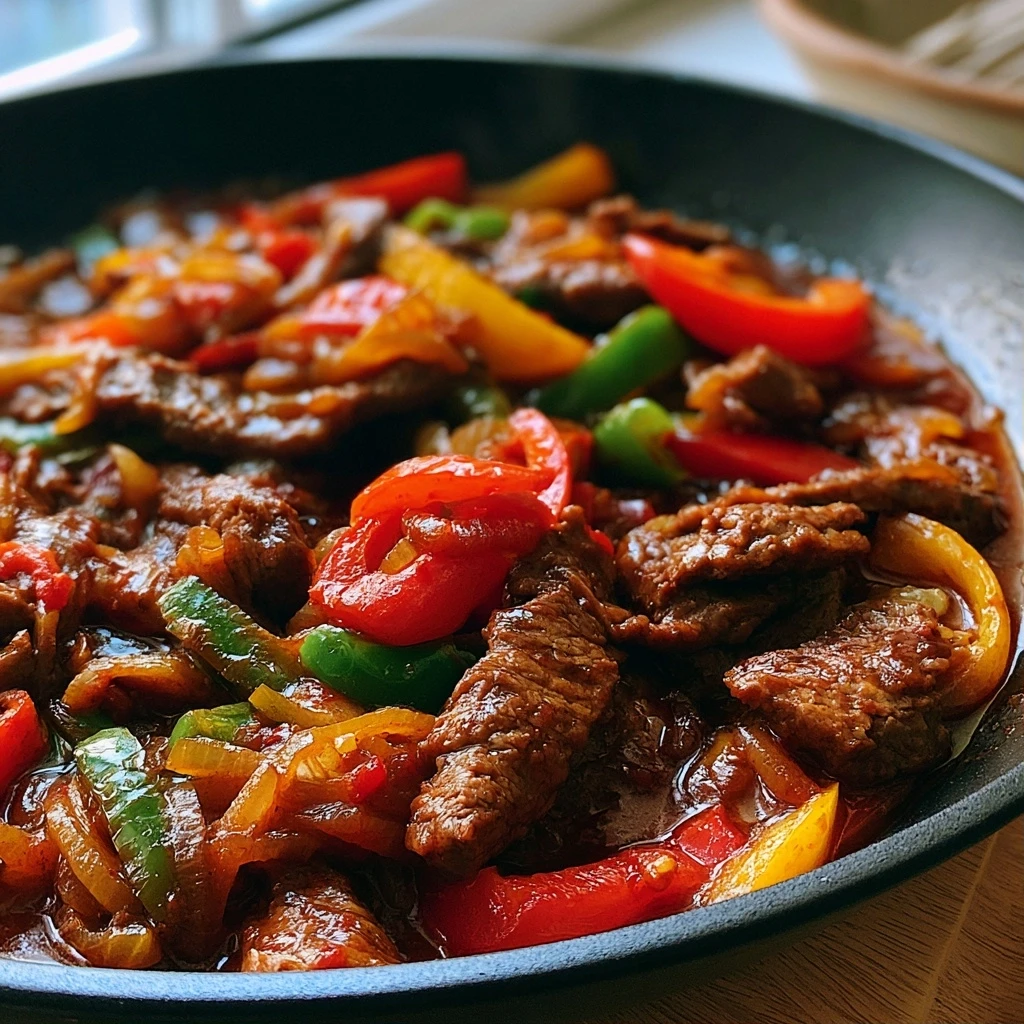 Rindfleisch-Streifen mit Paprika und Zwiebeln in pikanter Sauce