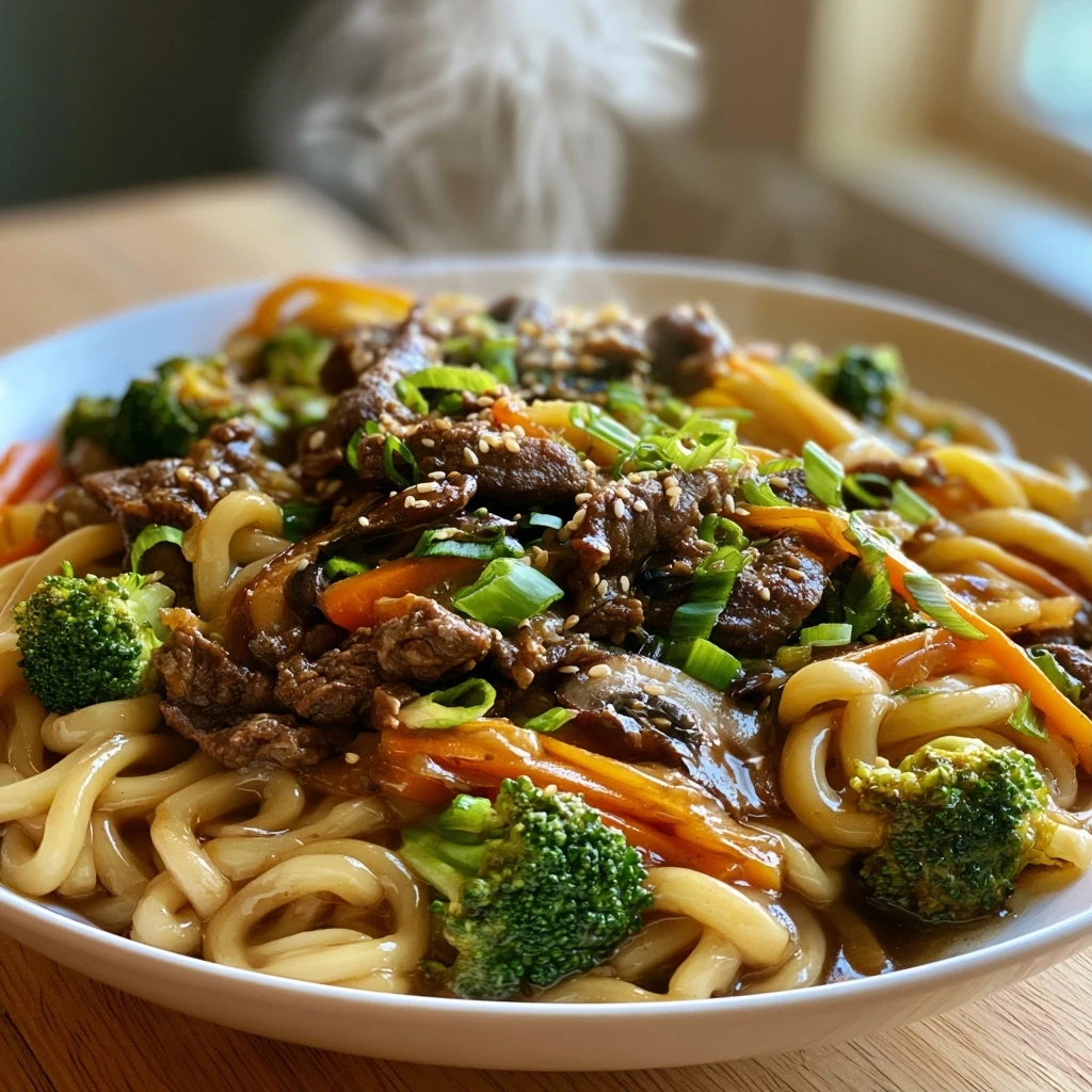 Rindfleisch-Udon-Nudeln mit viel Gemüse