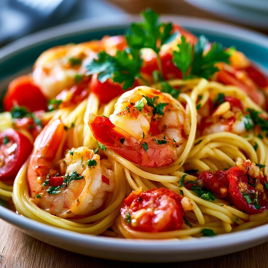 Schnelle Garnelen-Knoblauch-Pasta mit Kirschtomaten