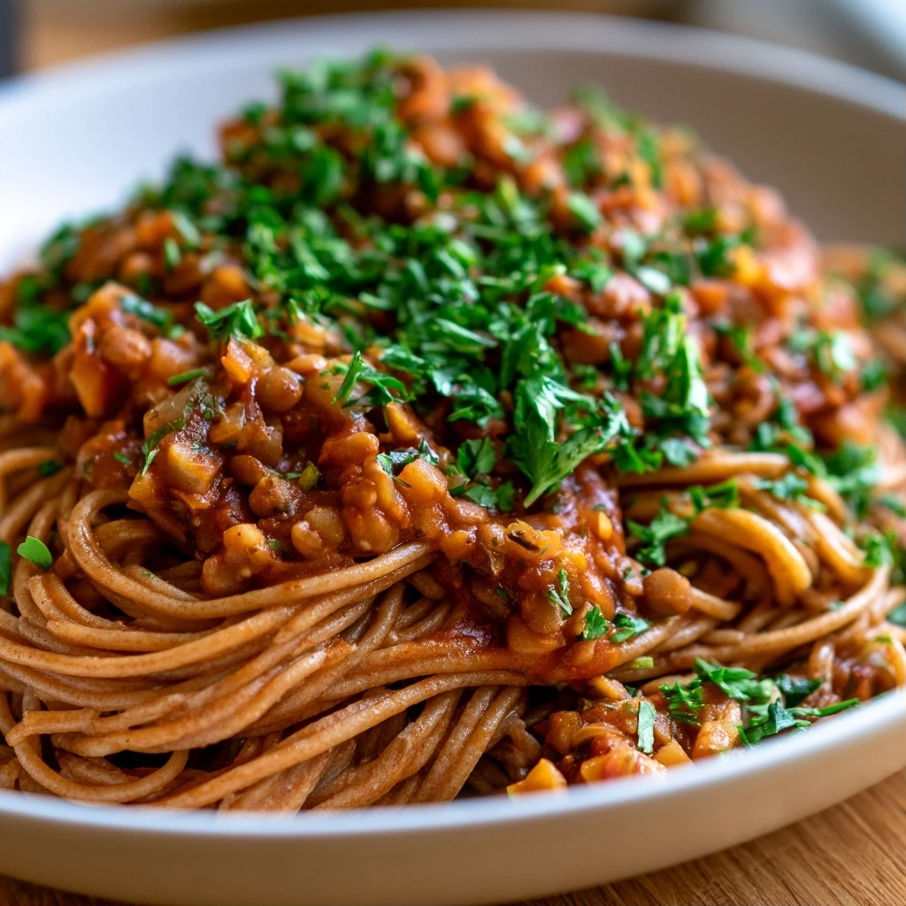 Schnelle Linsen-Bolognese mit Vollkornnudeln