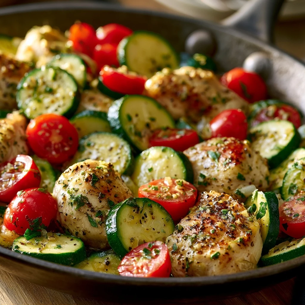 Schnelle Zitronen-Kräuter-Hähnchenpfanne mit Zucchini und Kirschtomaten
