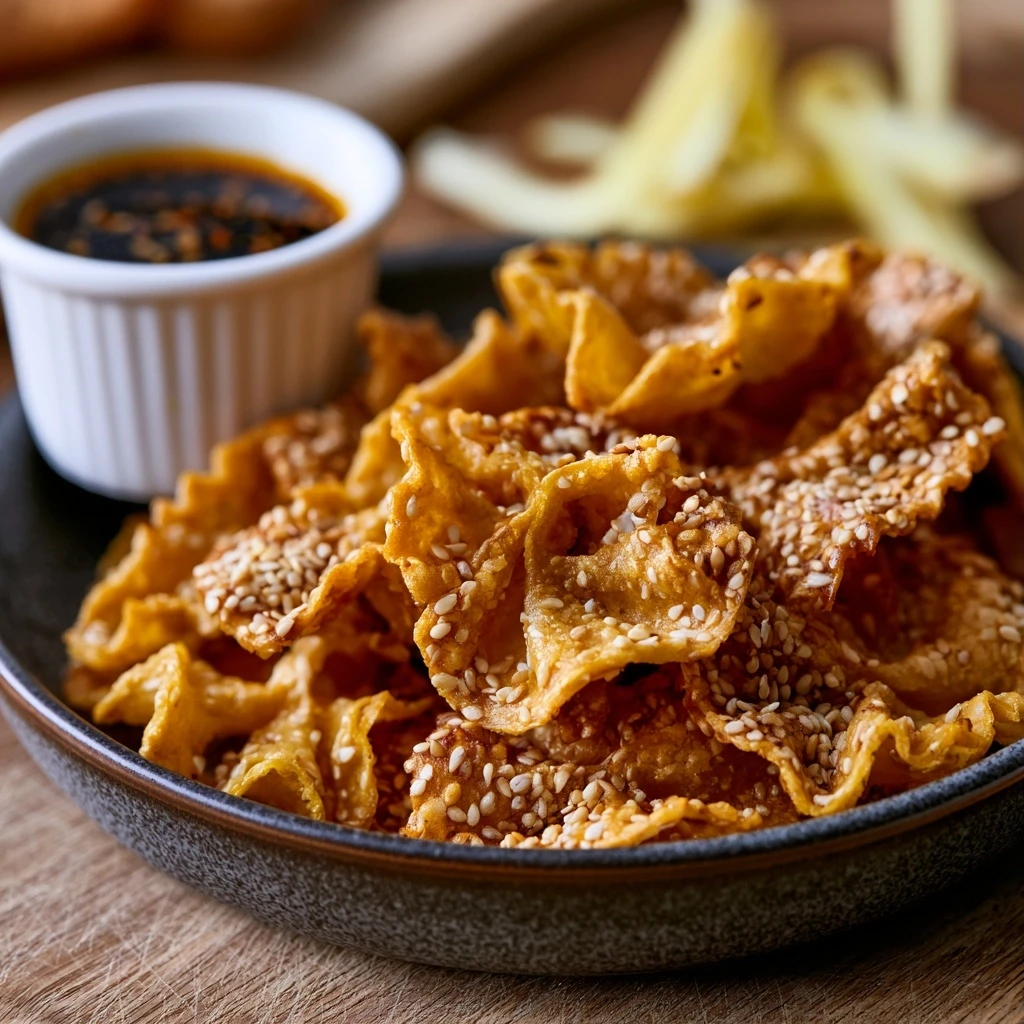 Sesam-Ingwer Pasta Chips mit süß-saurer Dip-Sauce