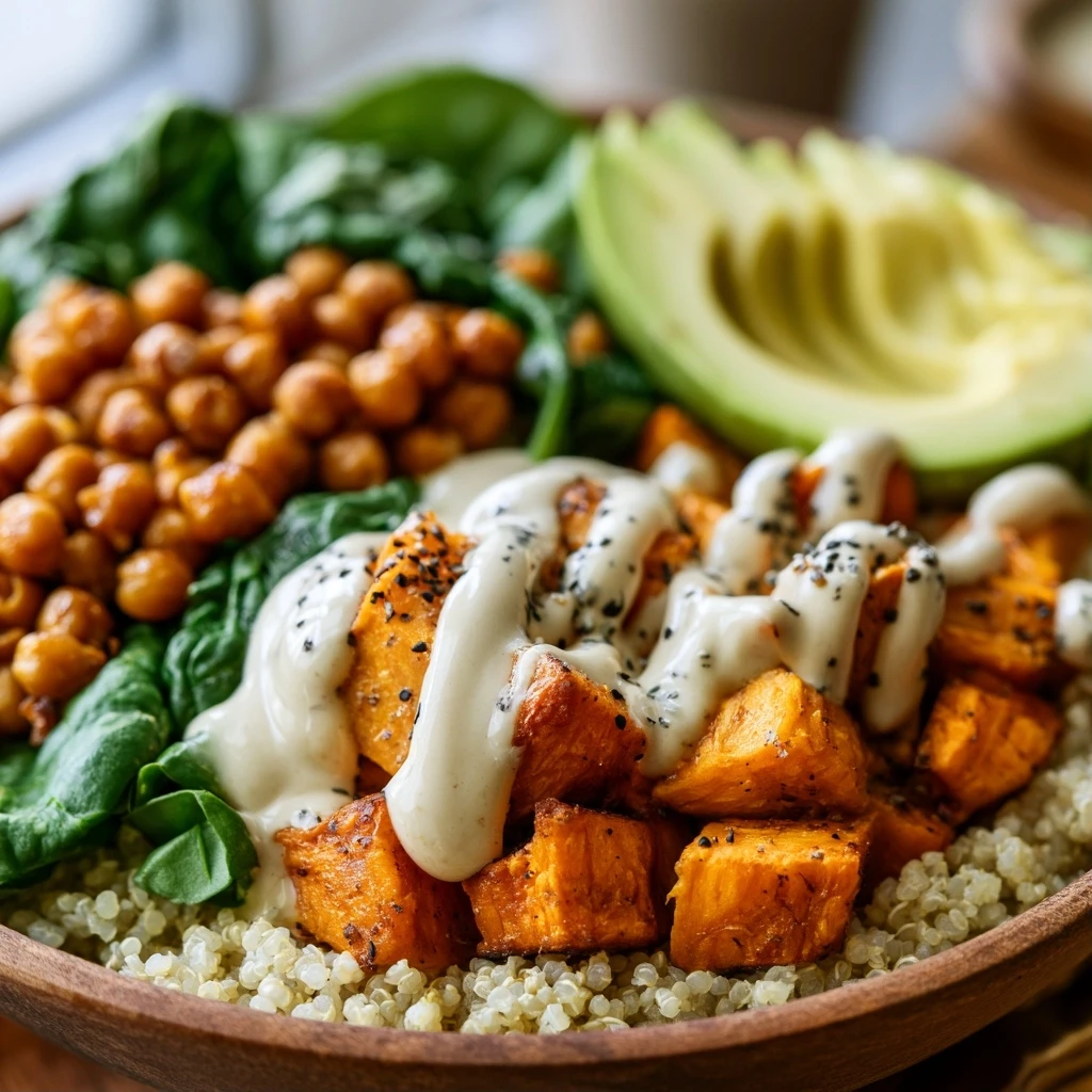 Süßkartoffel-Kichererbsen Bowl mit Tahini-Dressing
