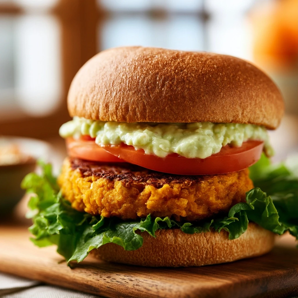Süßkartoffel-Kichererbsen-Burger mit Avocado-Creme