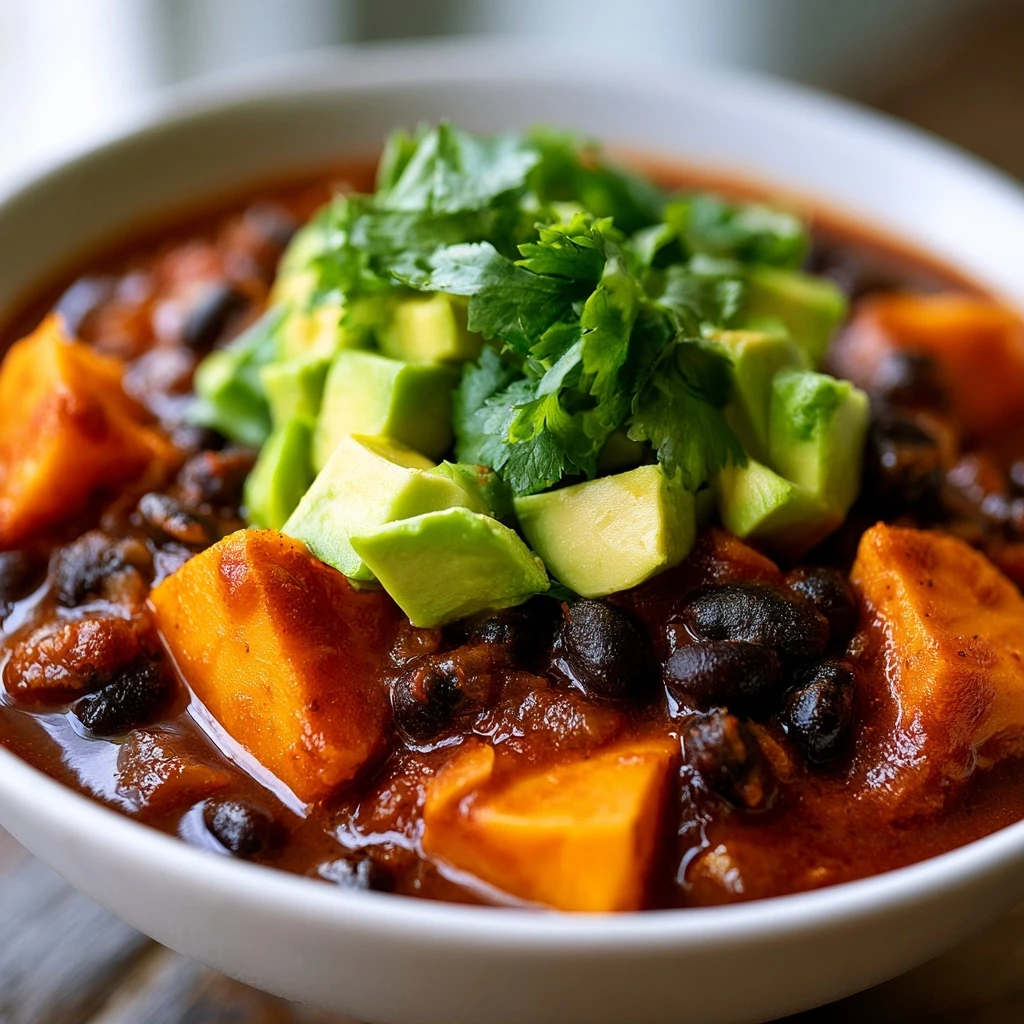 Süßkartoffel-Schwarze-Bohnen-Chili mit Avocado-Topping
