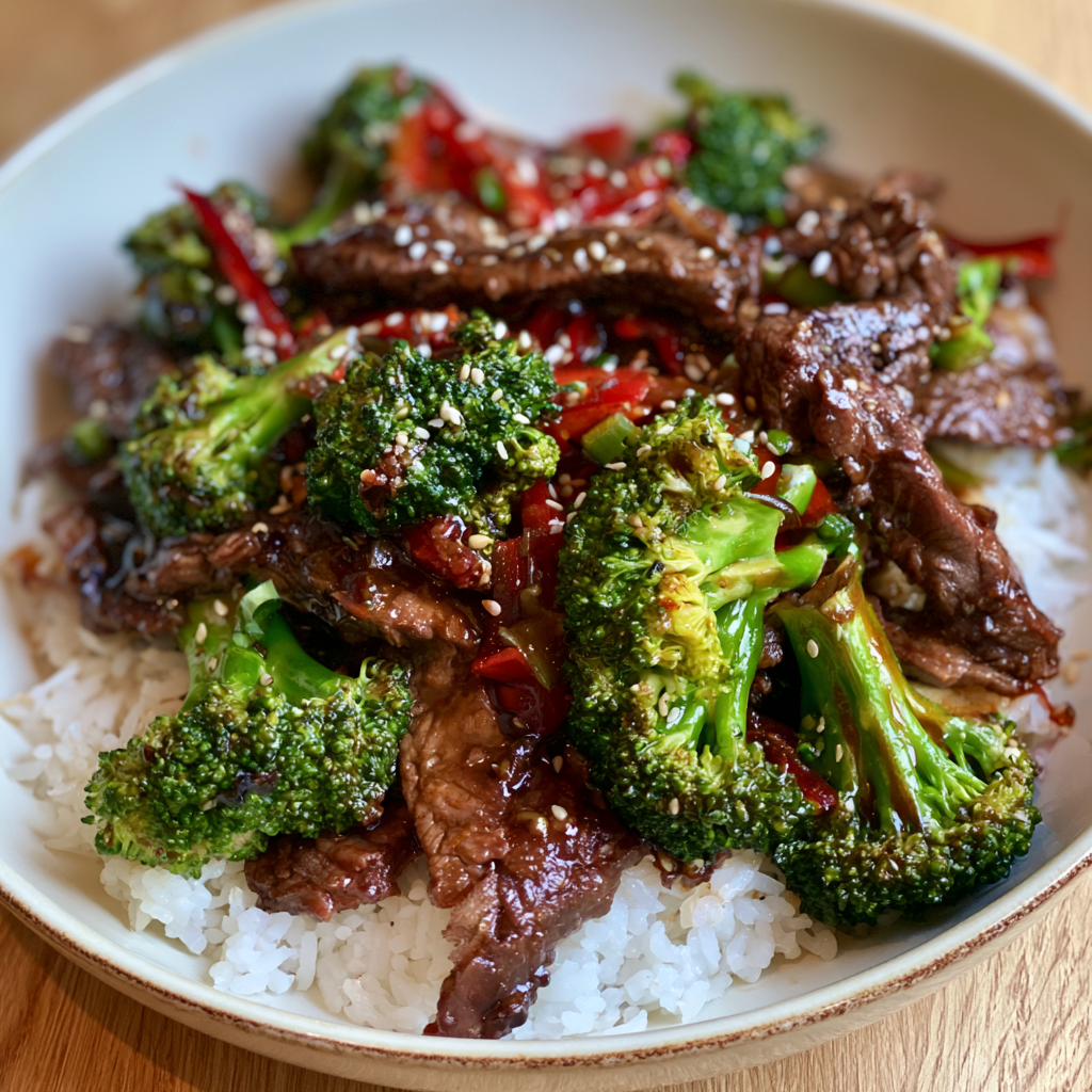 Asiatische Rinderstreifen mit Brokkoli und Sesam