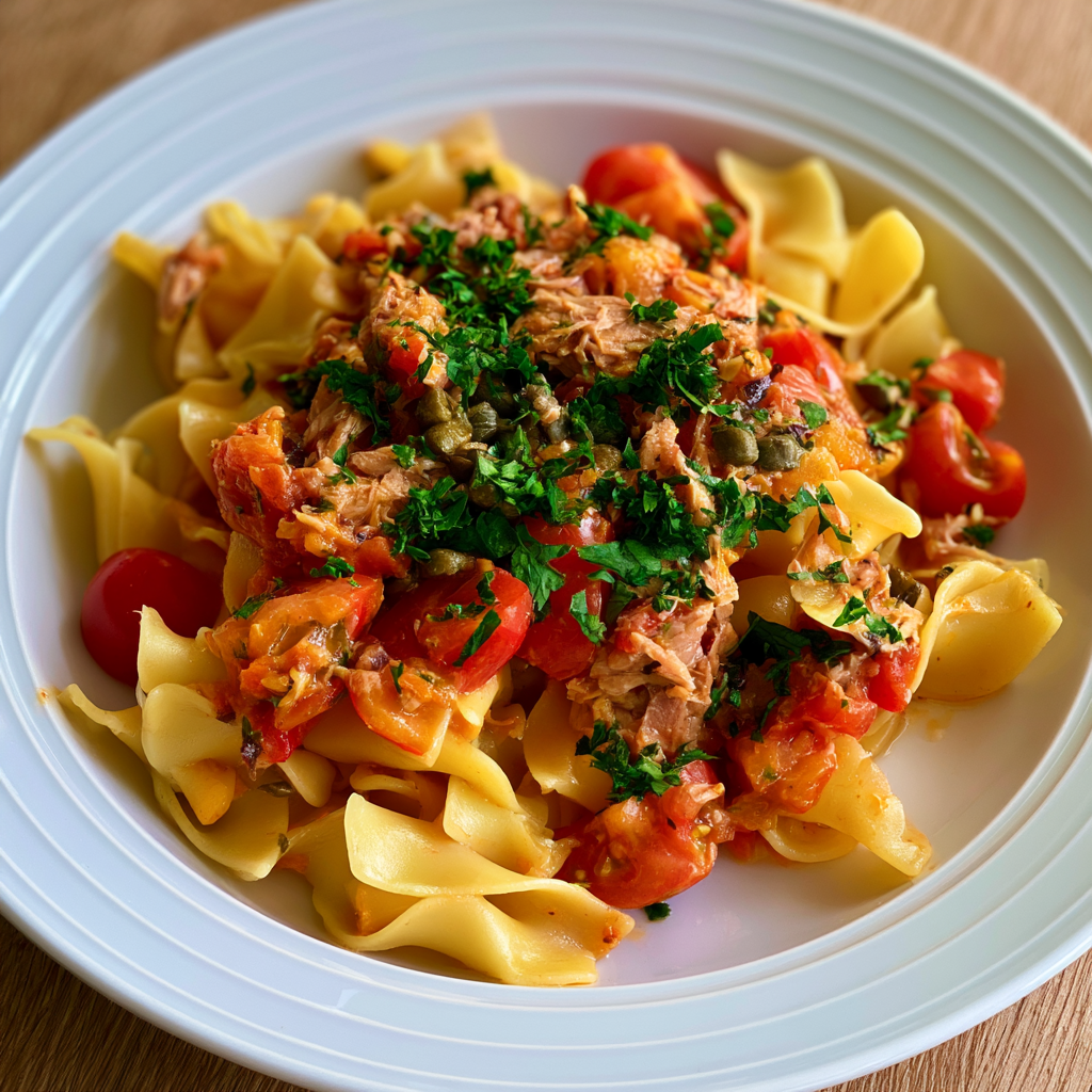 Blitzschnelle Thunfisch-Nudeln mit Kapern und Kirschtomaten