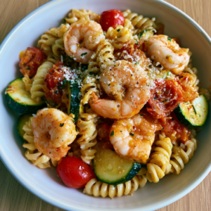 Burst Tomato Pasta mit Garnelen und Zucchini
