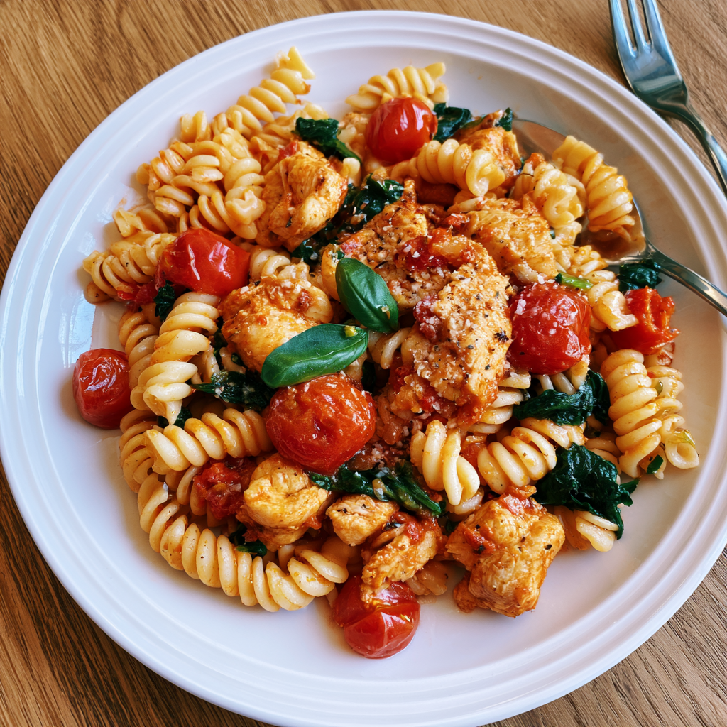 Burst Tomato Pasta mit Hähnchen und Spinat