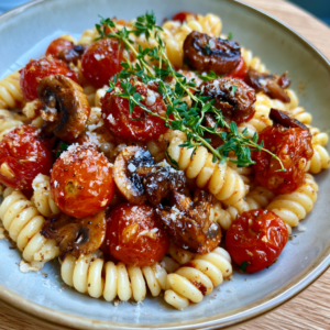 Burst Tomato Pasta mit Pilzen und Thymian