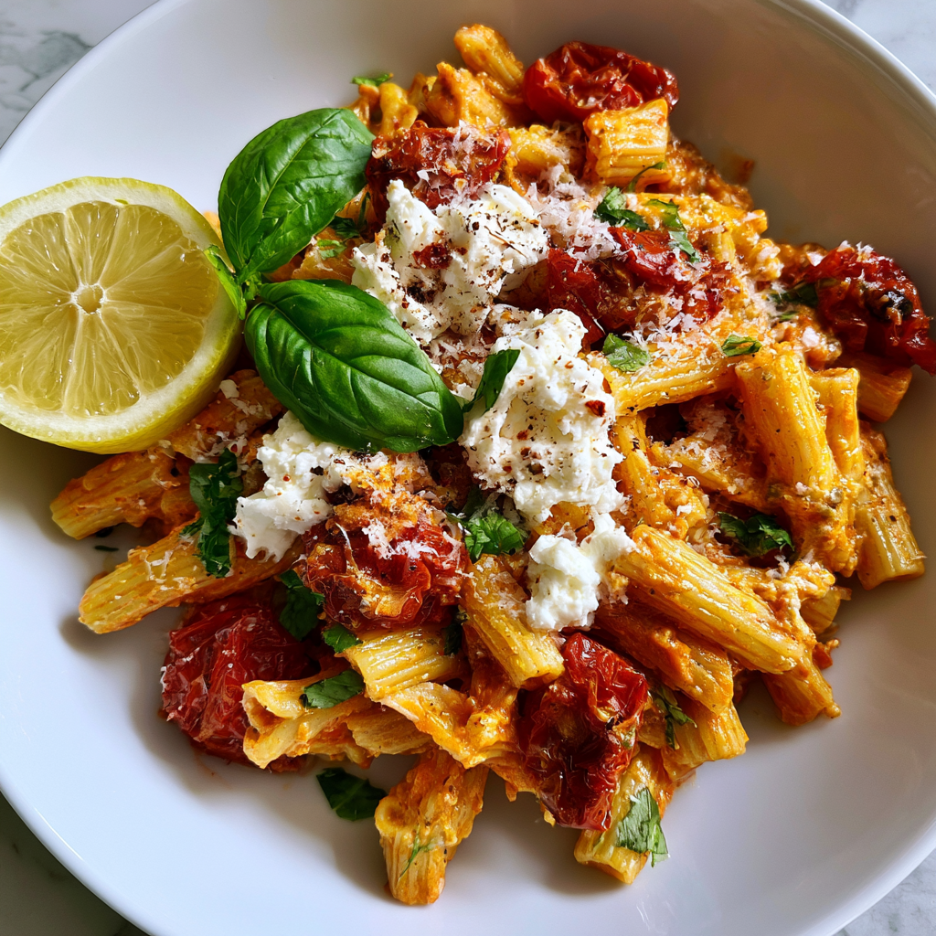 Cremige Burst Tomato Pasta mit Ricotta und Zitrone
