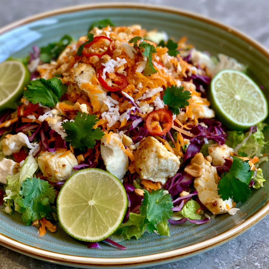 Exotischer Kokos-Limetten-Hähnchensalat mit Erdnuss-Dressing