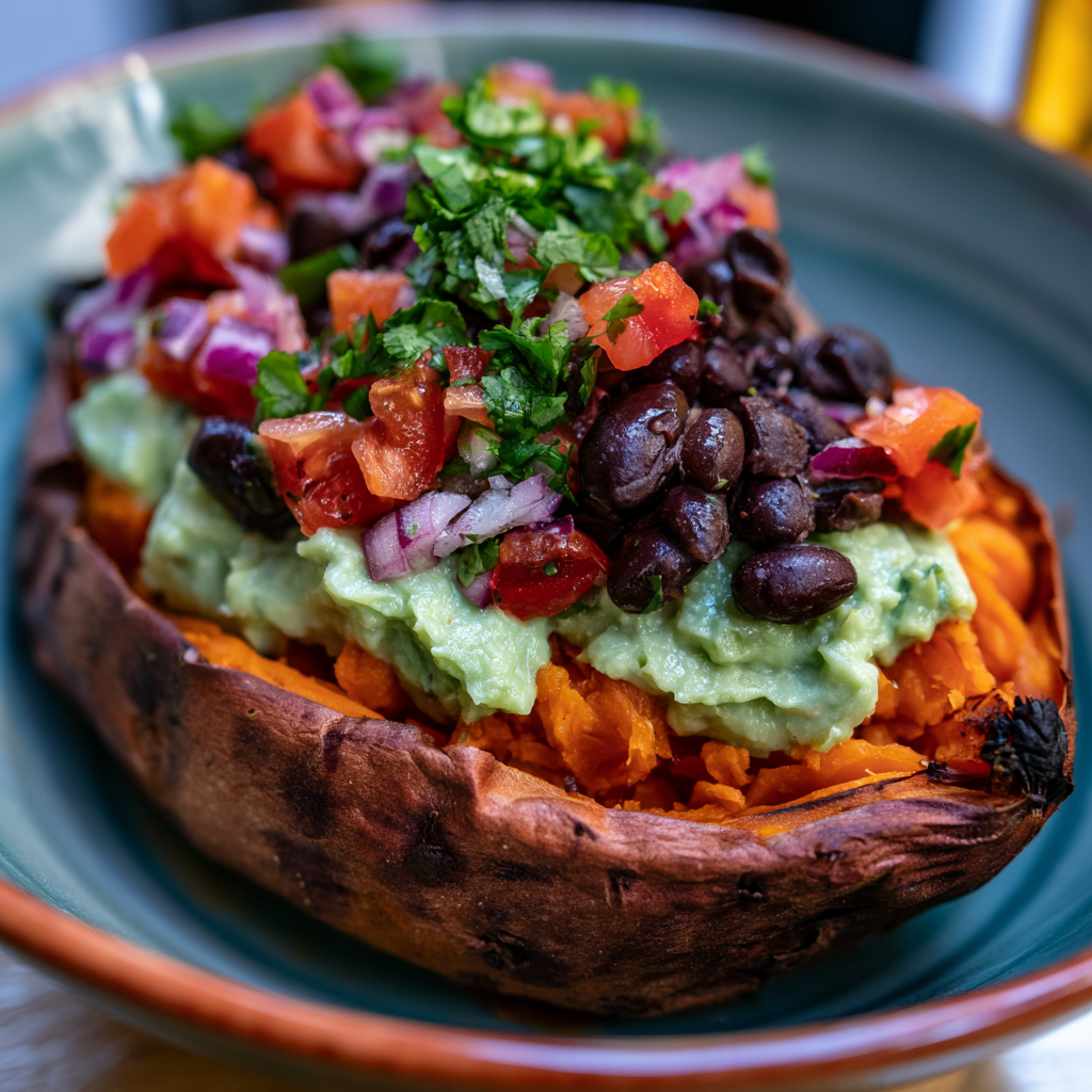 Gebackene Süßkartoffel mit Black Bean Salsa und Avocado-Creme