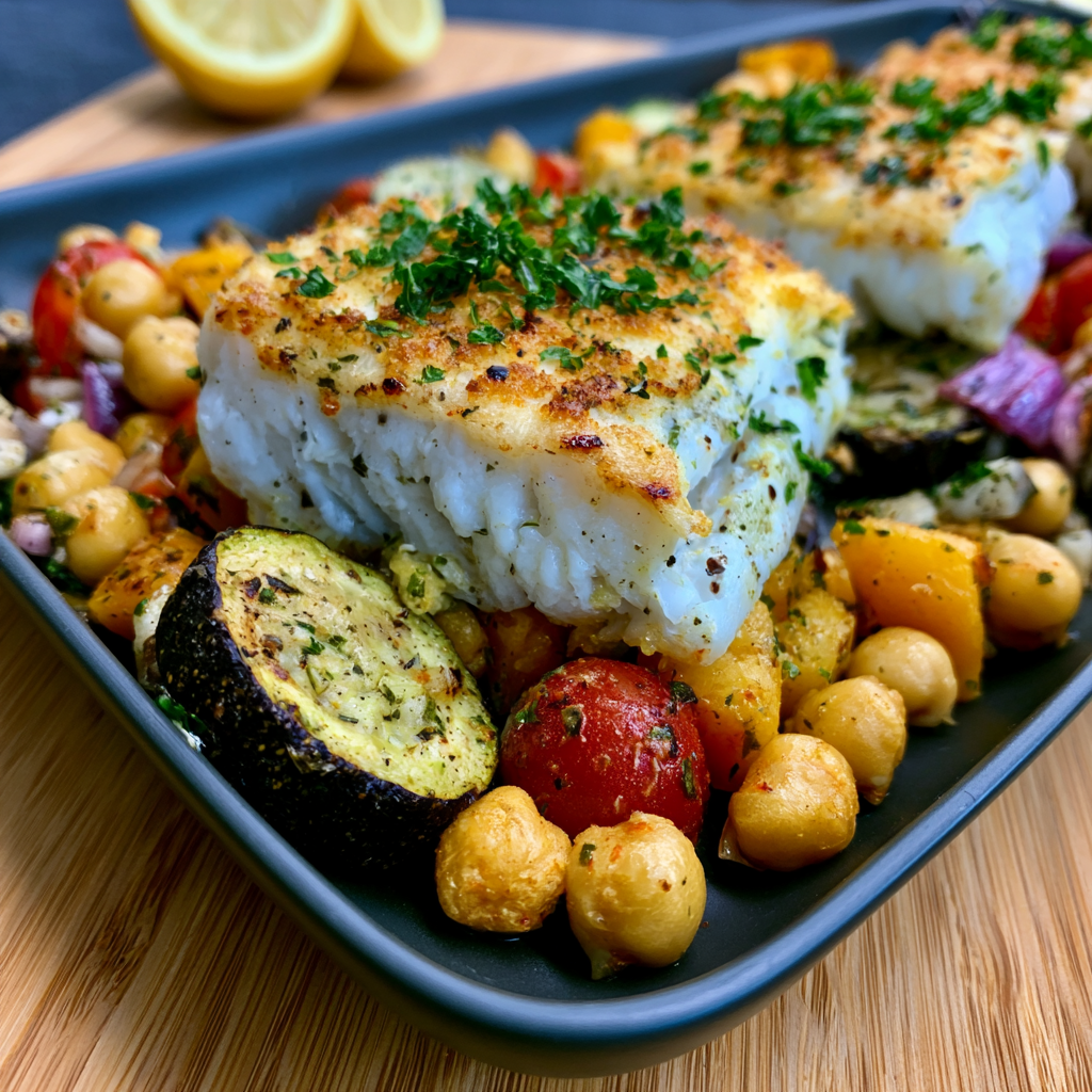 Gebackener Kabeljau mit mediterranem Gemüsesalat und Kichererbsen