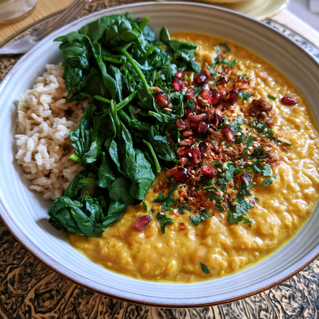 Herzhaftes Linsen-Dal mit braunem Reis und Spinat