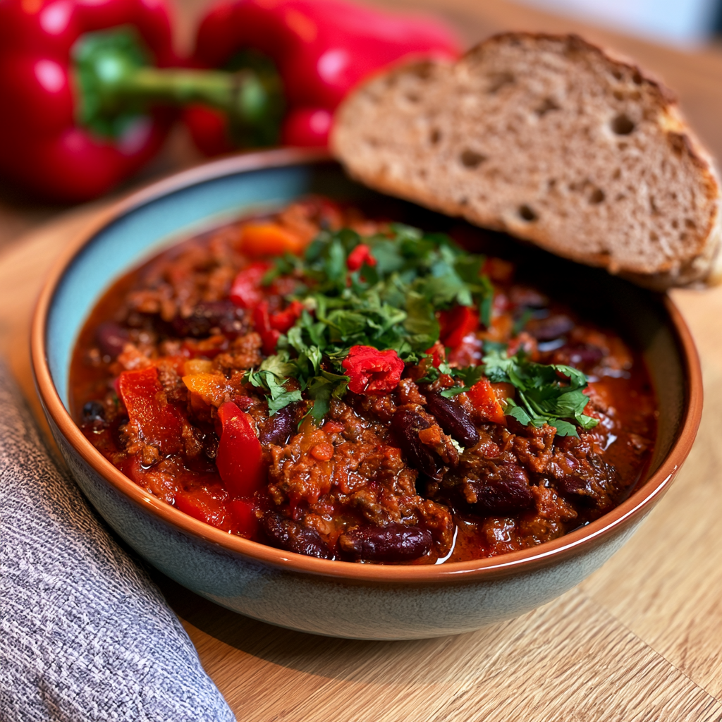 Herzhaftes Rinderhackfleisch-Chili mit Bohnen und Paprika
