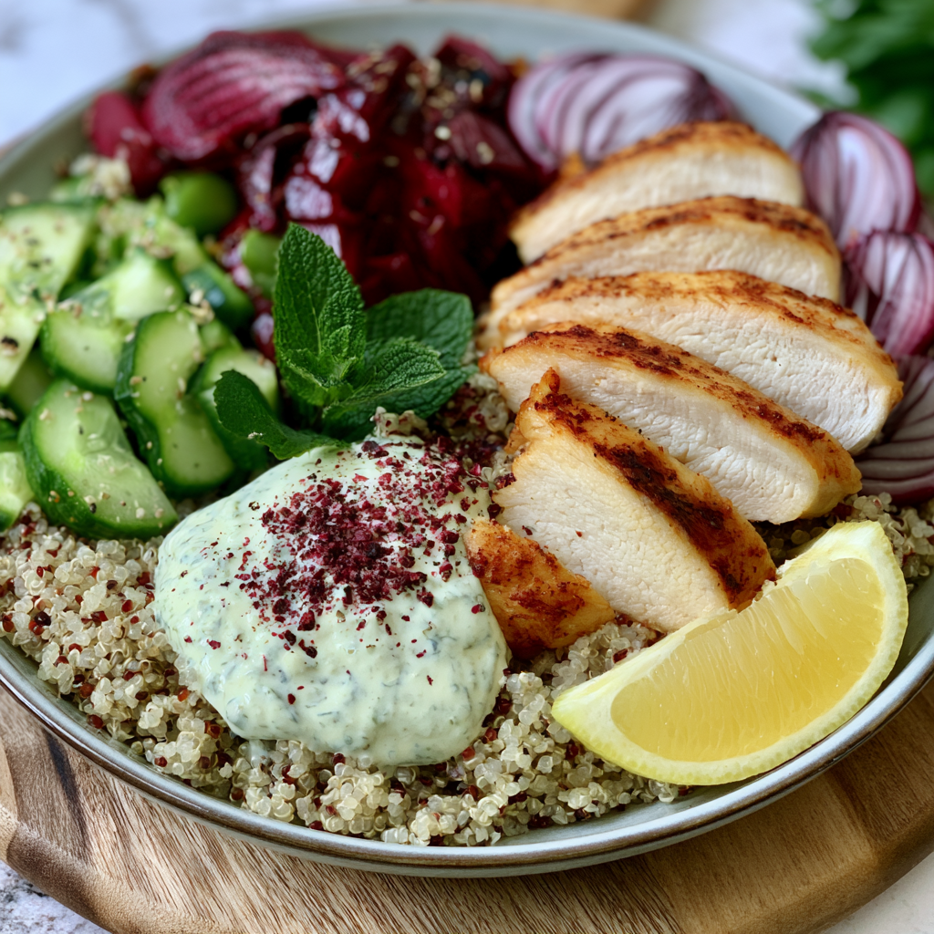Hähnchen-Quinoa-Bowl mit Zitronen-Kräuter-Dressing