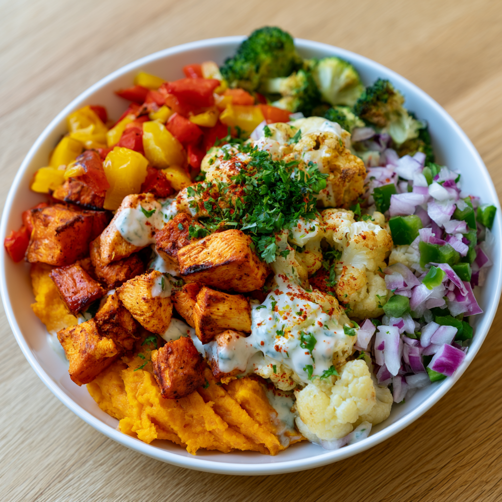 Hähnchen-Süßkartoffel-Bowl mit geröstetem Gemüse