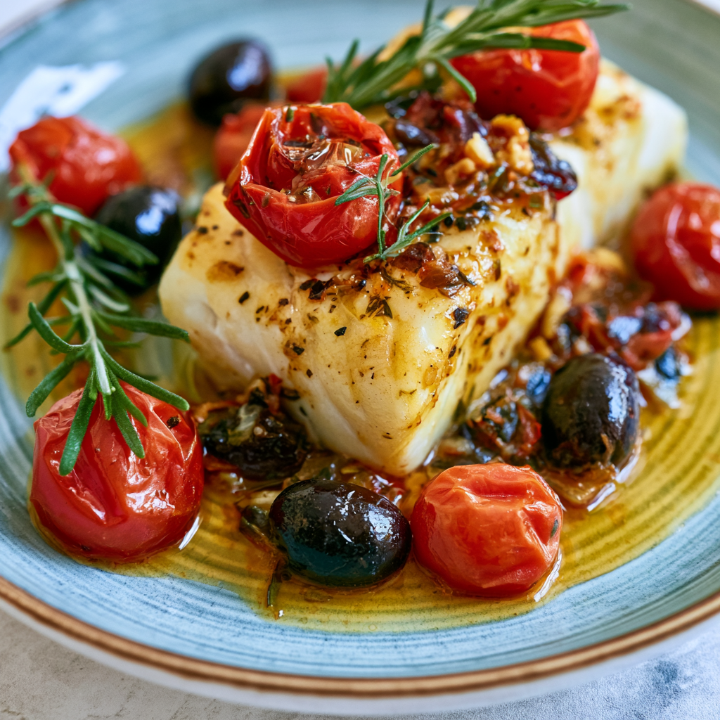 Kabeljau auf mediterrane Art mit Kirschtomaten und Oliven