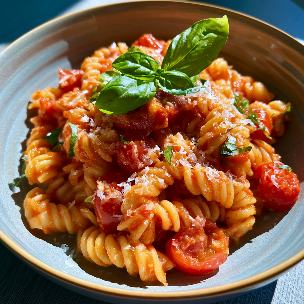 Klassische Burst Tomato Pasta mit Basilikum