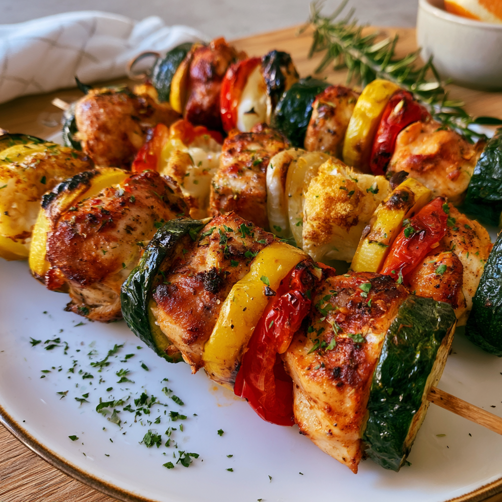 Knusprige Hähnchen-Gemüse-Spieße aus dem Air Fryer