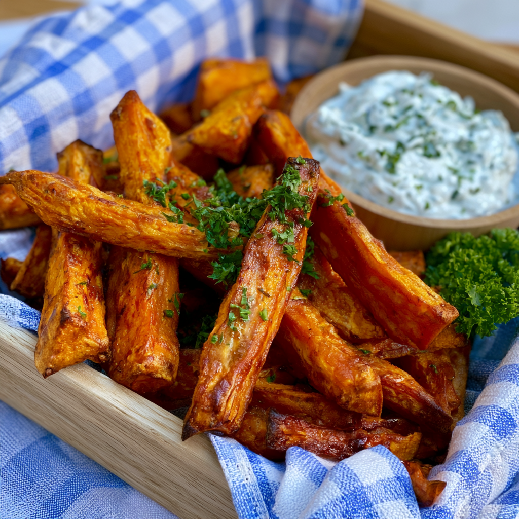 Knusprige Süßkartoffel-Pommes mit Kräuter-Dip aus dem Air Fryer