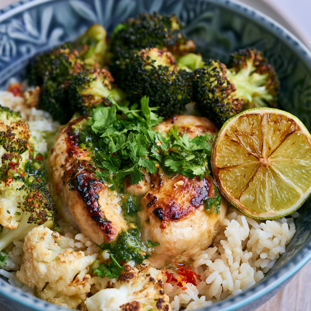 Kokos-Limetten-Hähnchen-Reis-Bowl mit geröstetem Brokkoli