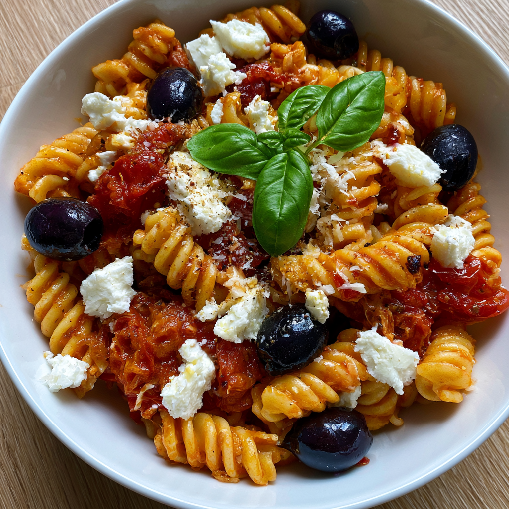 Mediterrane Burst Tomato Pasta mit Feta und Oliven