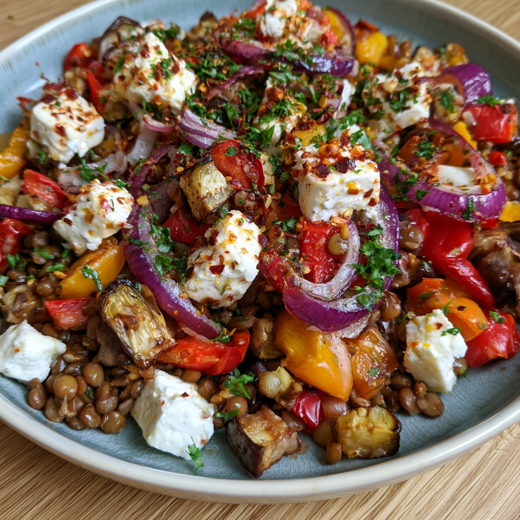 Mediterraner Linsen-Feta-Salat mit geröstetem Gemüse