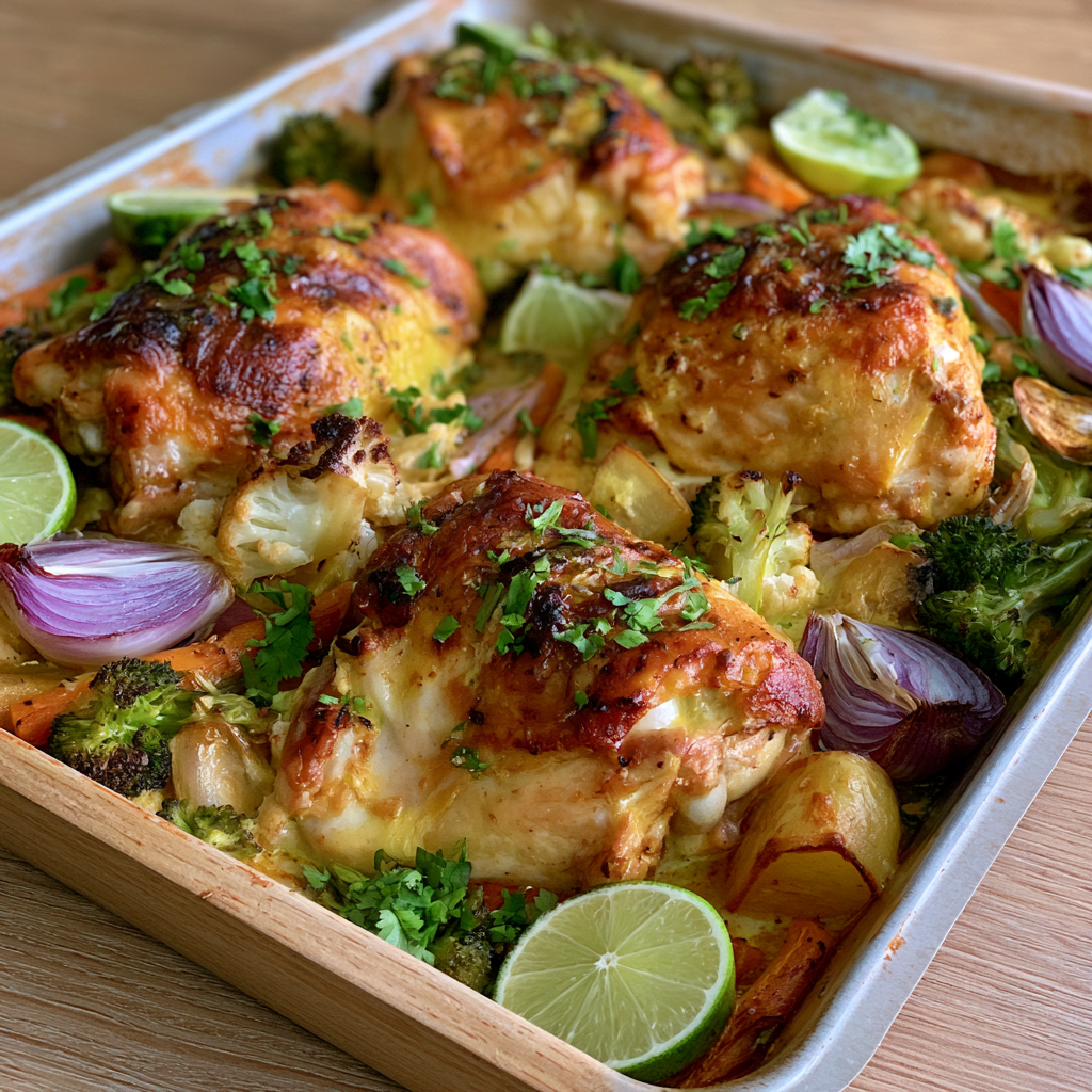 One-Pan Kokos-Limetten-Hähnchen mit Ofengemüse