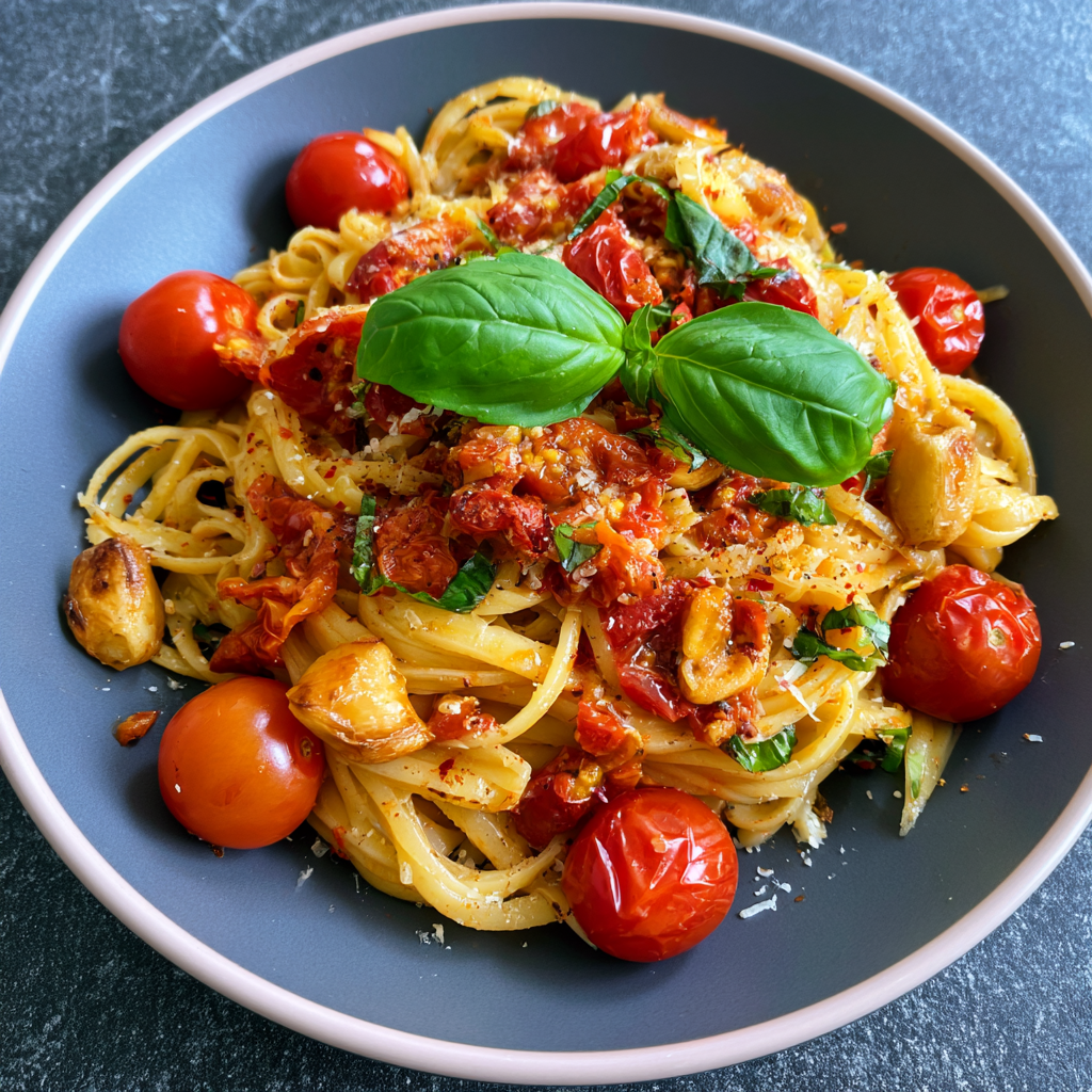 Pikante Burst Tomato Pasta mit geröstetem Knoblauch