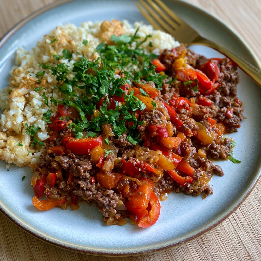 Rinderhackfleisch-Paprika-Pfanne mit Blumenkohlreis