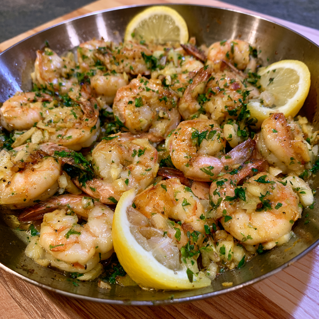 Schnelle Knoblauch-Garnelen-Pfanne mit Zitrone