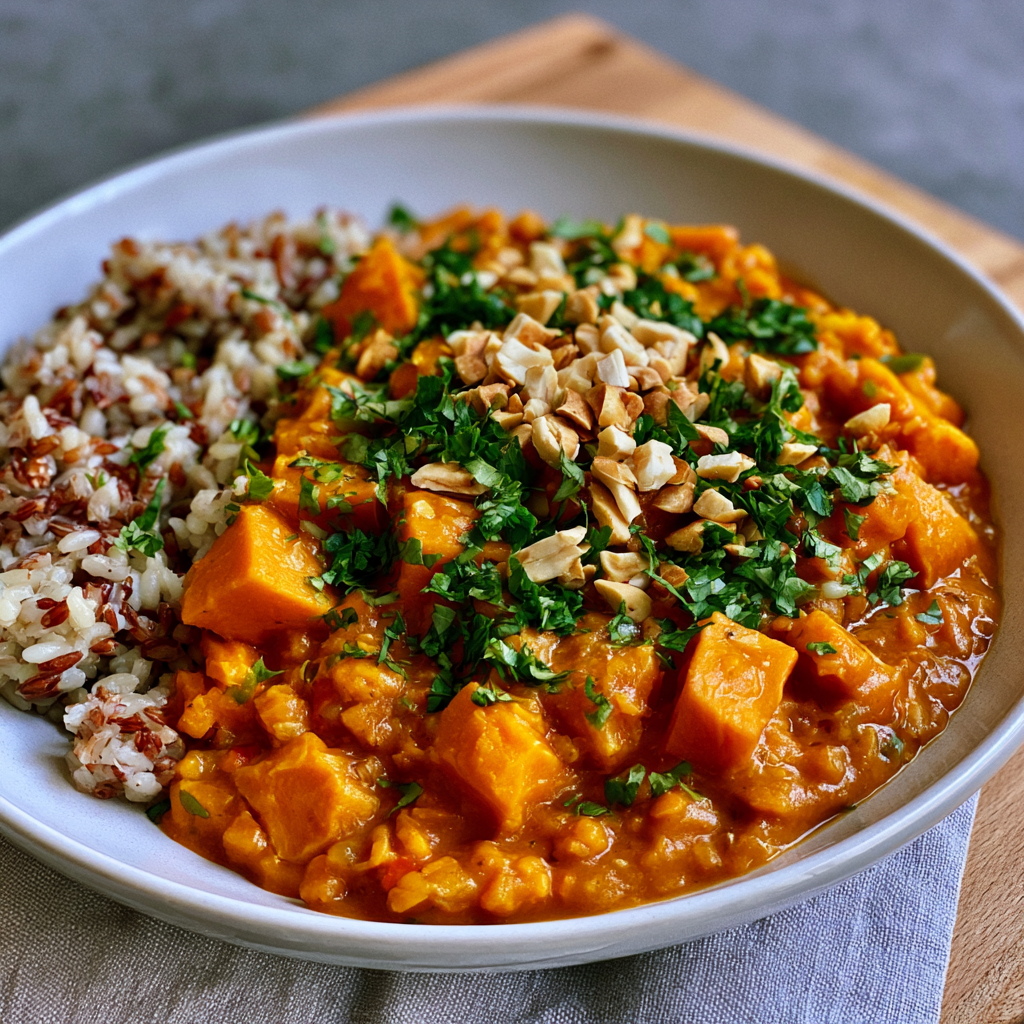 Vegane Süßkartoffel-Erdnuss-Eintopf mit Grünkohl