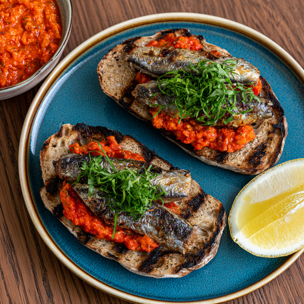 Gegrillte Sardinen-Bruschetta mit Pesto Rosso