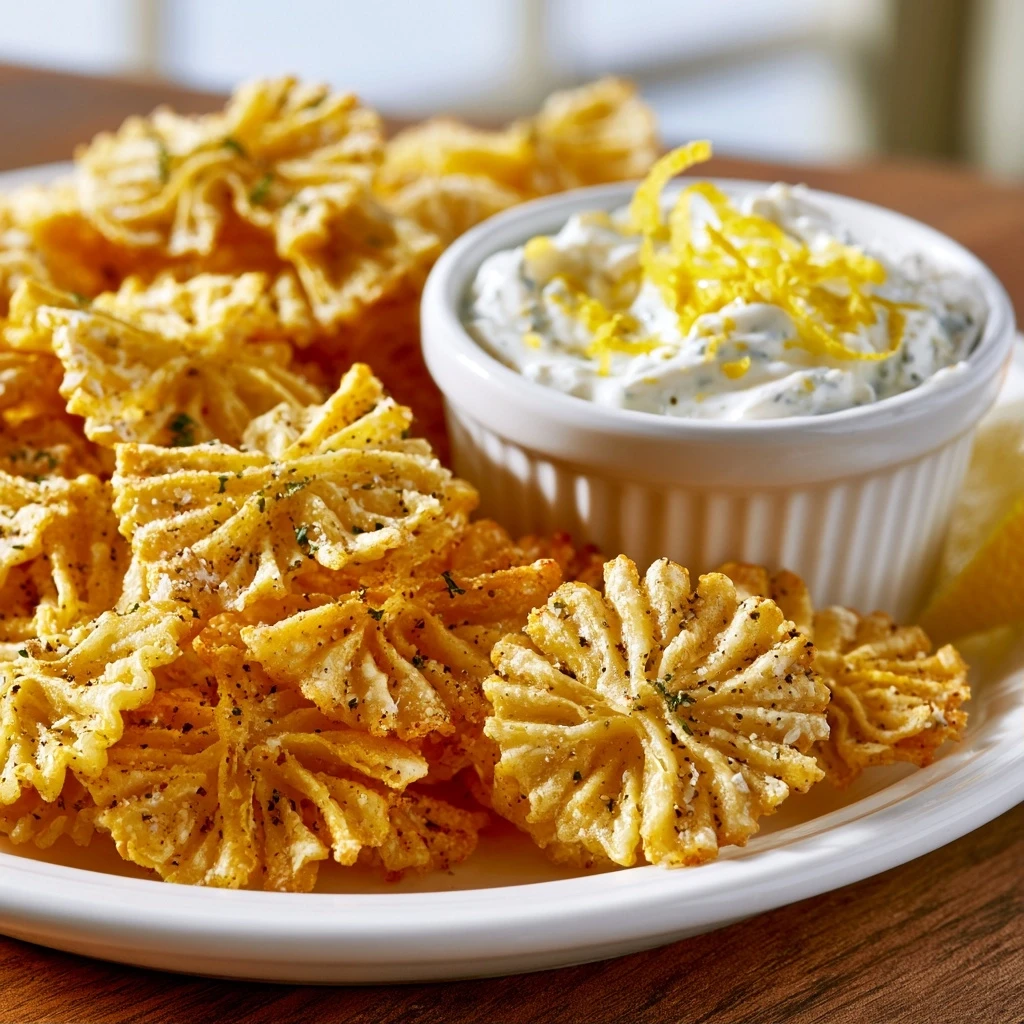 Zitronen-Pfeffer Pasta Chips mit Kräuter-Frischkäse-Dip