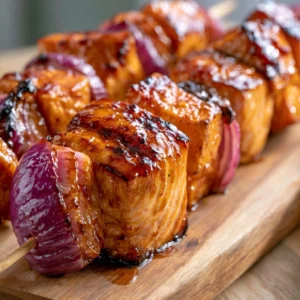 Ahorn-Glasierte Lachs-Spieße mit Süßkartoffeln