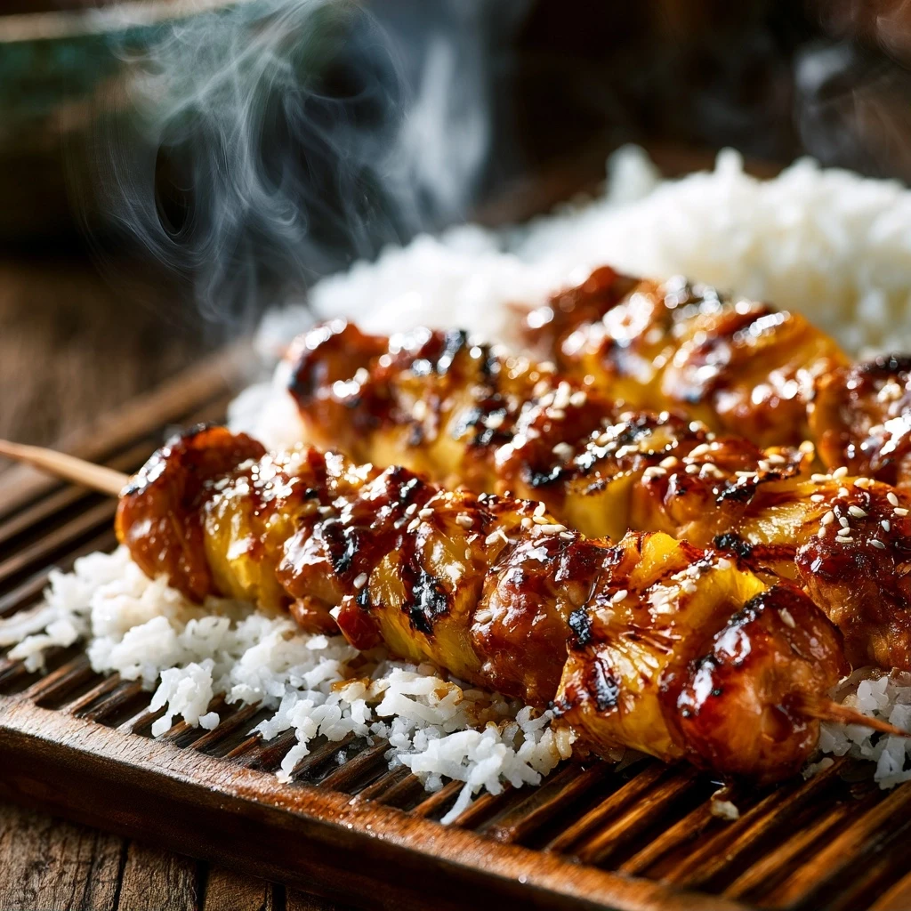 Ananas-Teriyaki Hähnchen Spieße mit Kokosreis