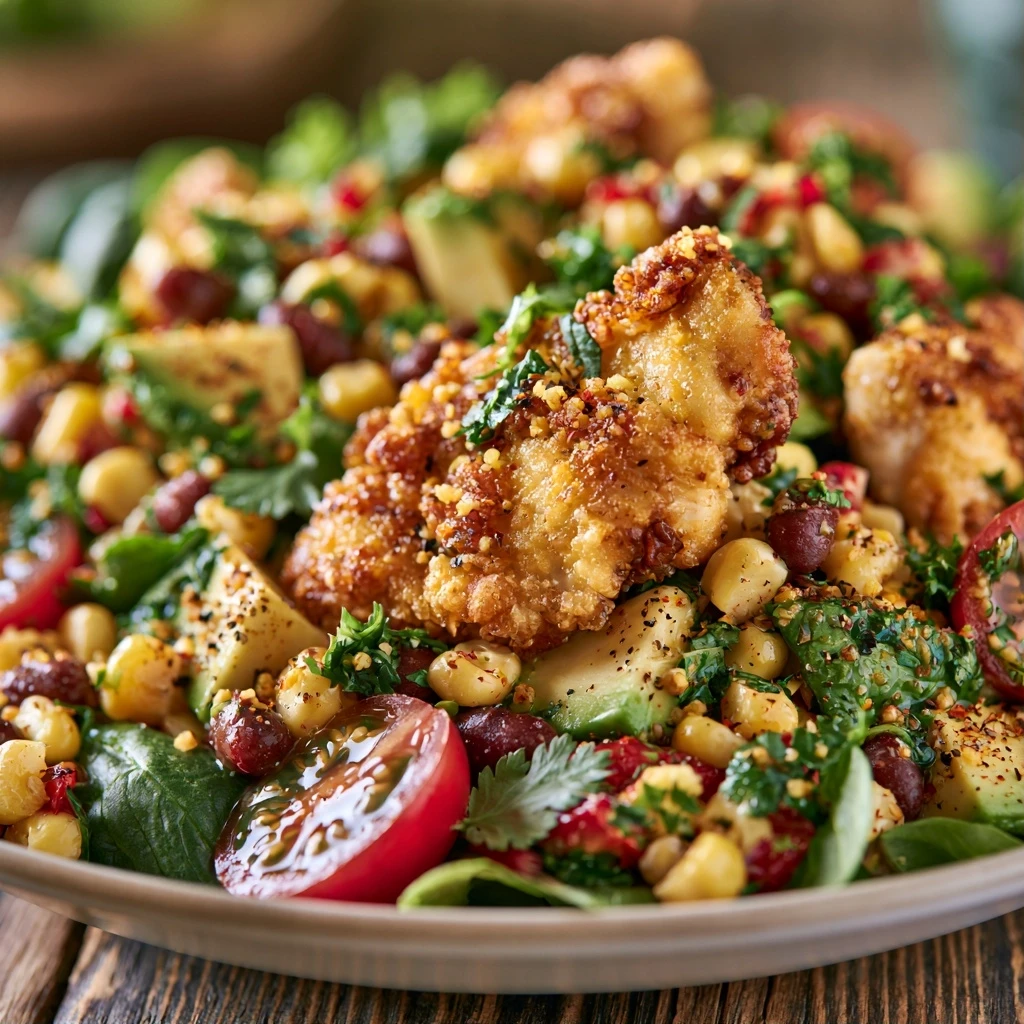 Bohnen-Mais-Salat mit Avocado und knusprigem Hähnchen