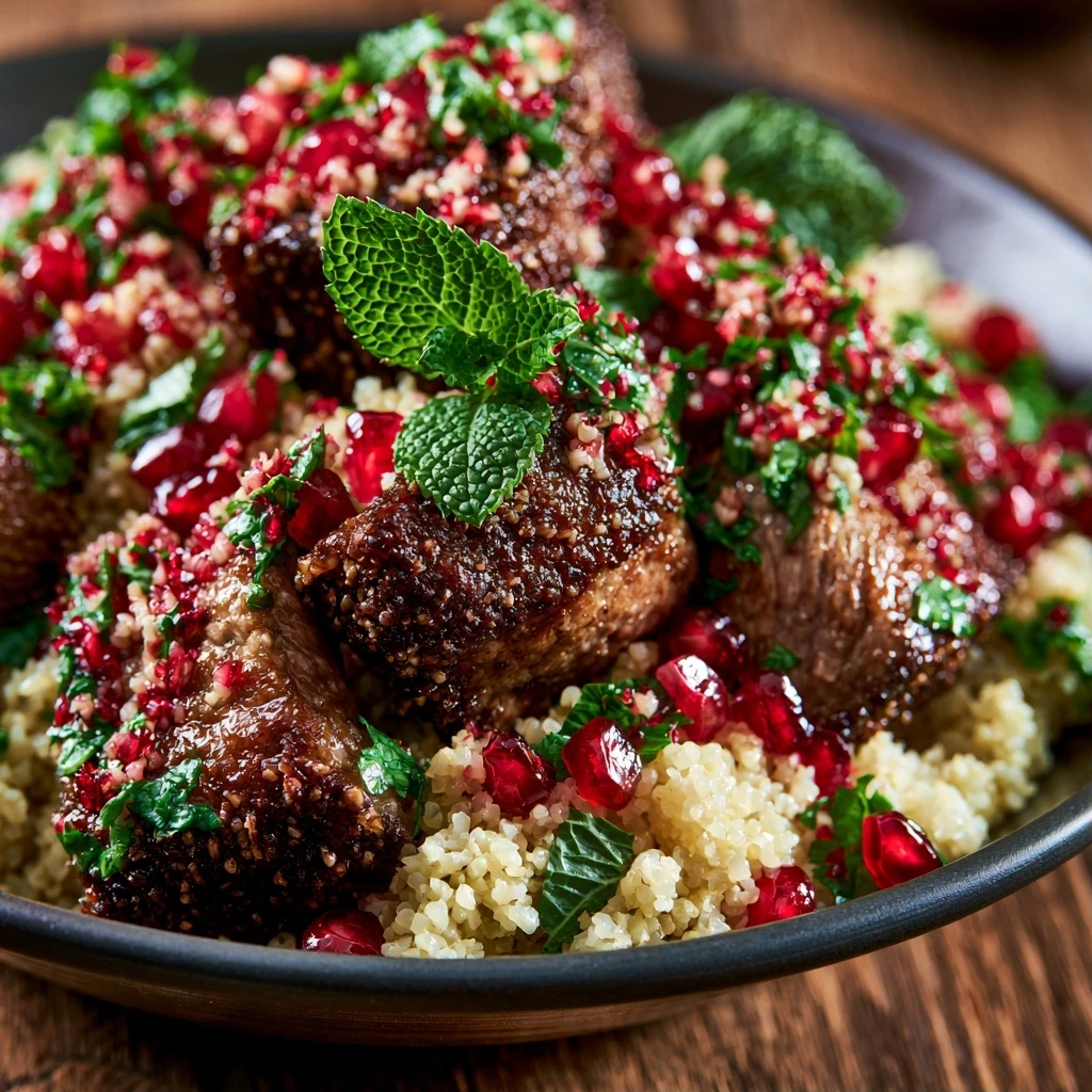 Bulgur-Granatapfel-Salat mit Minze und gebratenem Lamm