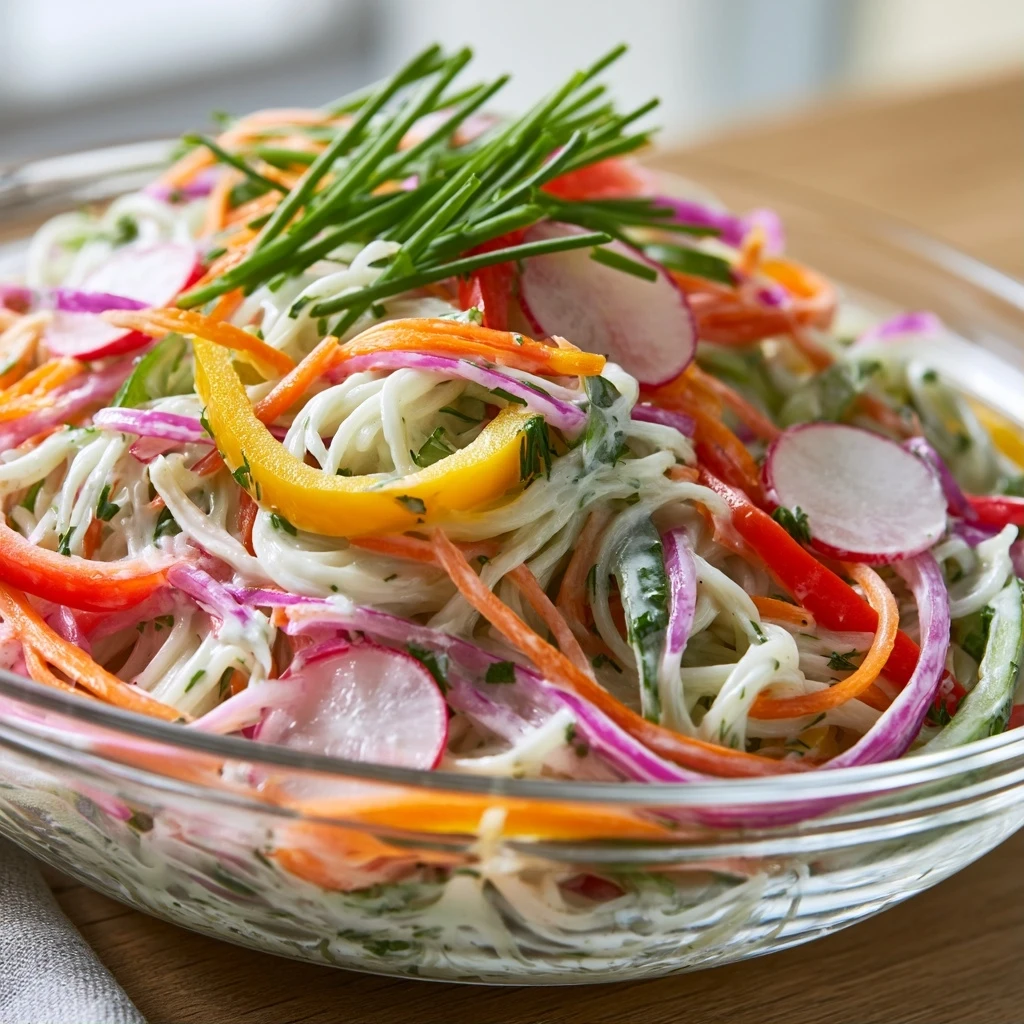 Bunter Nudelsalat mit Joghurt-Kräuter-Dressing