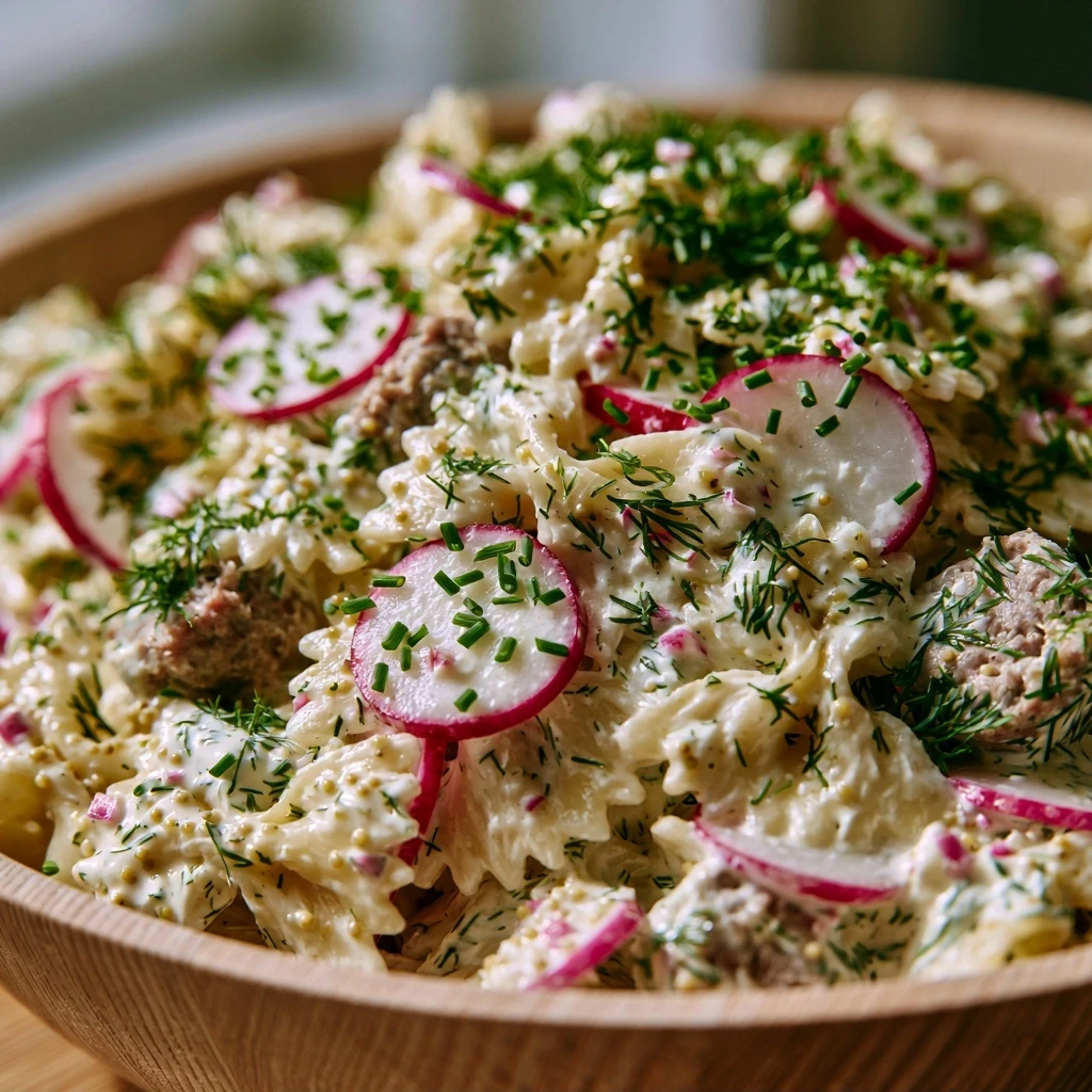 Cremiger Dill-Senf Nudelsalat mit Rinder-Fleischwurst